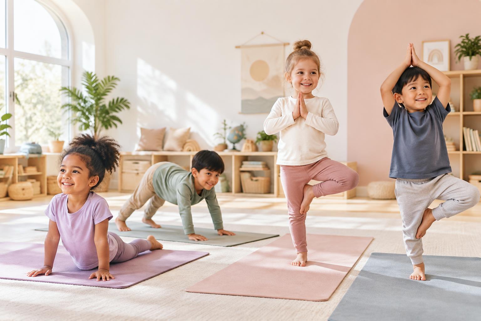 Young children enjoying yoga together in a bright classroom